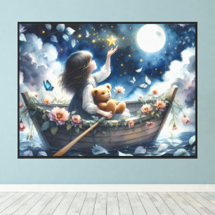 Dreamy Girl Rowing Boat Moonlit Fantasy Scene Canvas Print
