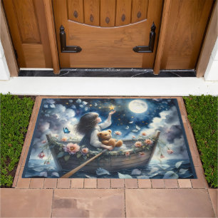 Dreamy Girl Rowing Boat Moonlit Fantasy Scene Doormat
