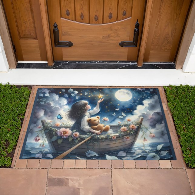 Dreamy Girl Rowing Boat Moonlit Fantasy Scene Doormat (Outdoor)