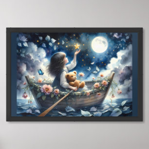 Dreamy Girl Rowing Boat Moonlit Fantasy Scene Framed Art