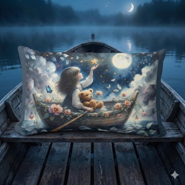 Dreamy Girl Rowing Boat Moonlit Fantasy Scene Lumbar Pillow (Dreamy Girl Rowing Boat Moonlit Fantasy Scene Lumbar Pillow Mockup C)
