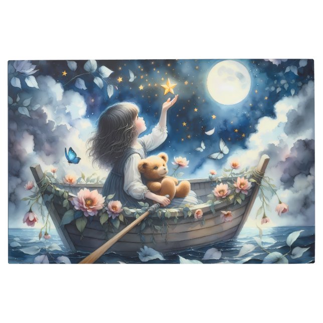Dreamy Girl Rowing Boat Moonlit Fantasy Scene Metal Print (Front)