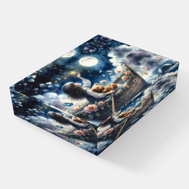Dreamy Girl Rowing Boat Moonlit Fantasy Scene Paperweight (Angled)