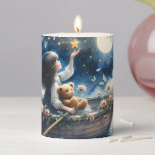Dreamy Girl Rowing Boat Moonlit Fantasy Scene Pillar Candle