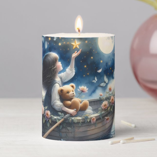Dreamy Girl Rowing Boat Moonlit Fantasy Scene Pillar Candle (In Situ)