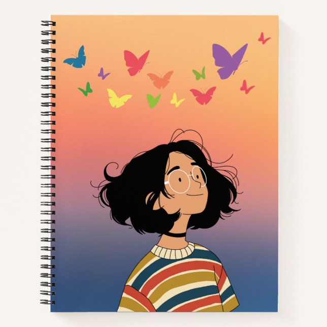 Dreamy Girl with Butterflies – Colorful Notebook  (Front)