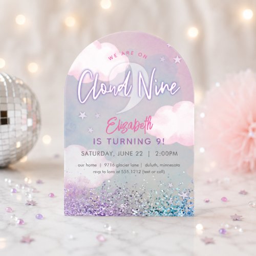 Dreamy Girly On Cloud Nine 9th Birthday Acrylic Invitations