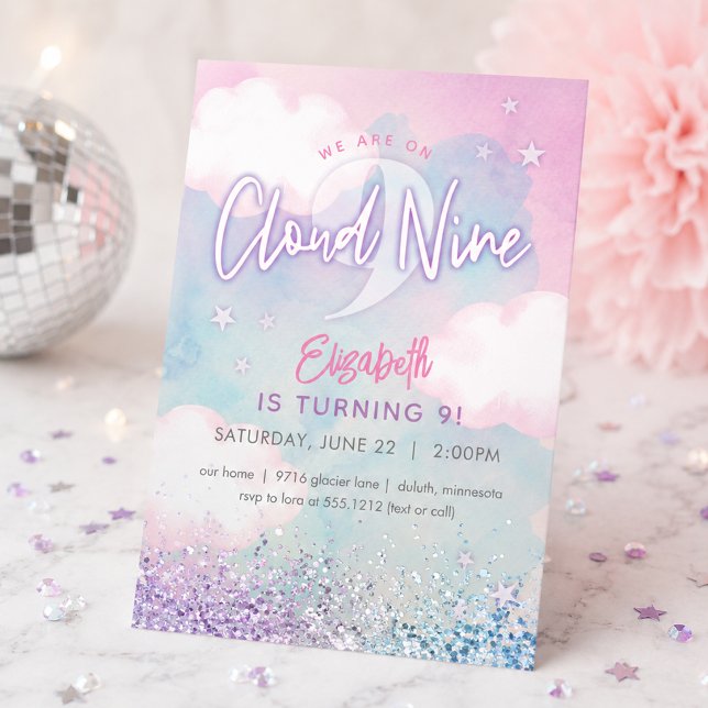 Dreamy Girly On Cloud Nine 9th Birthday  Invitation (Dreamy Girly On Cloud Nine 9th Birthday Invitation)