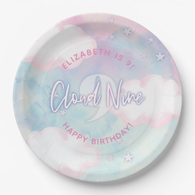 Dreamy Girly On Cloud Nine 9th Birthday  Paper Plates (Front)