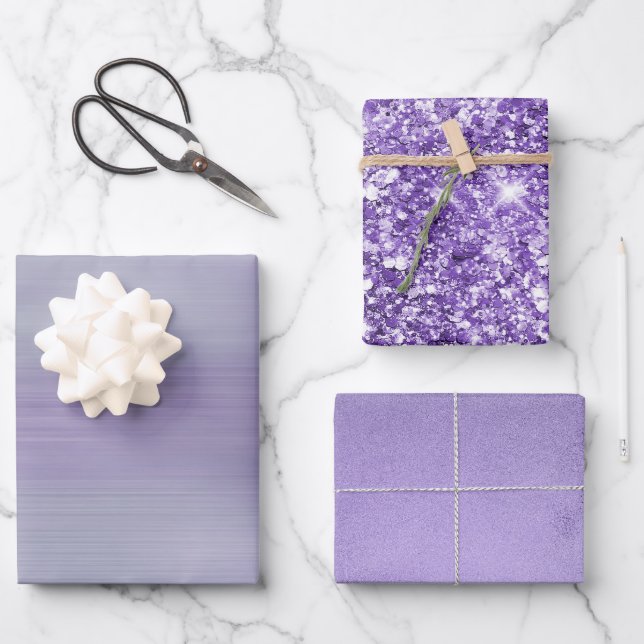 Dreamy Glam Purple Lavender Glitter Birthday Wrapping Paper Sheets (Front)