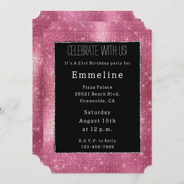 Dreamy Glitzy Pink Black Silver Sparkle Invitation (Front/Back)