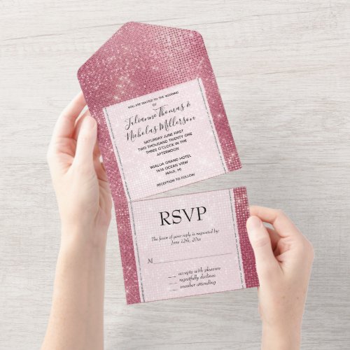 Dreamy Glitzy Pink Silver Sparkle Wedding All In One Invitation