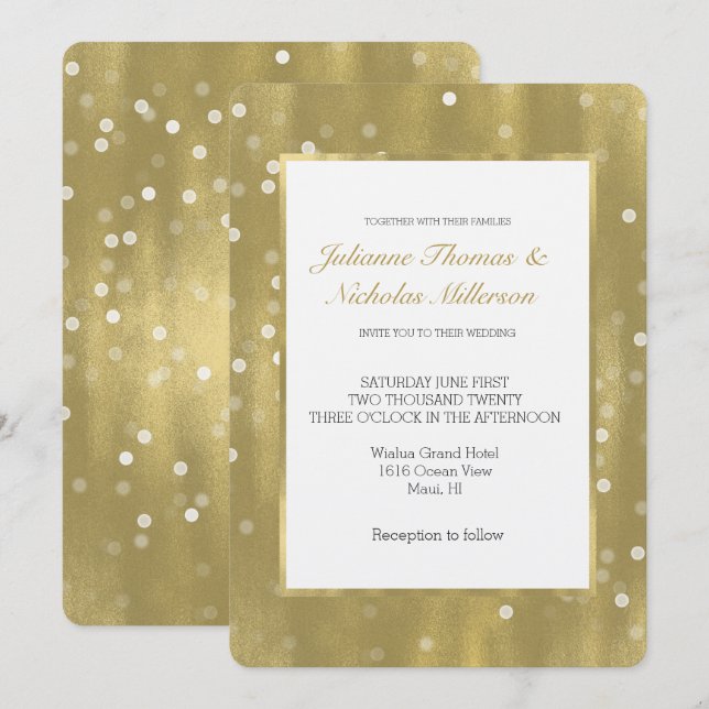 Dreamy Gold and White Confetti Bokeh Wedding Invitation (Front/Back)