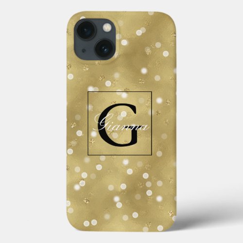 Dreamy Gold Bokeh Confetti Monogram iPhone 13 Case