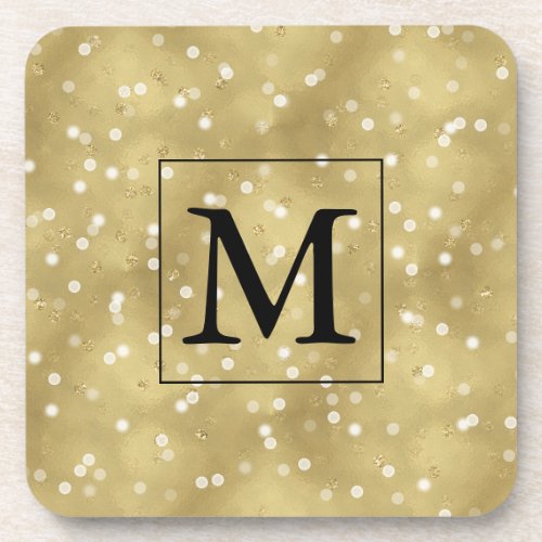 Dreamy Gold Bokeh Confetti Monogram Coaster