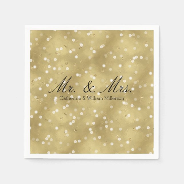 Dreamy Gold Bokeh Confetti Mr. and Mrs. Wedding Paper Napkins (Front)