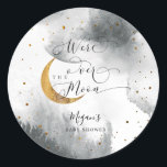 Dreamy Gray Over The Moon Boy Baby Shower Classic Round Sticker<br><div class="desc">Dreamy gender neutral baby shower favor sticker featuring the sky in watercolor gray with faux gold glitter stars and moon. The text says "we're over the moon."</div>