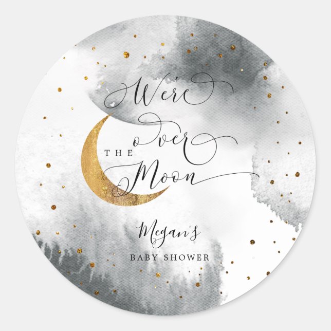 Dreamy Gray Over The Moon Boy Baby Shower Classic Round Sticker (Front)