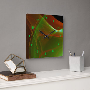 Dreamy Green and Orange Sweep Fractal Square Wall Clock