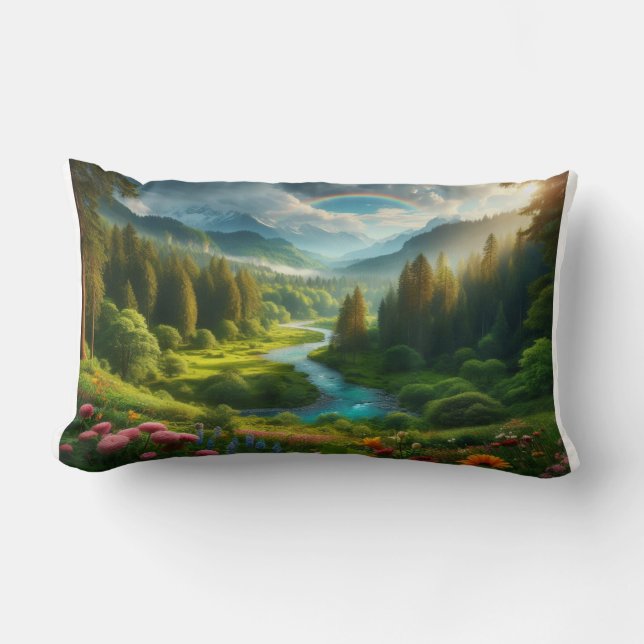 Dreamy Green Impressionist River Landscape Lumbar Pillow (Front)