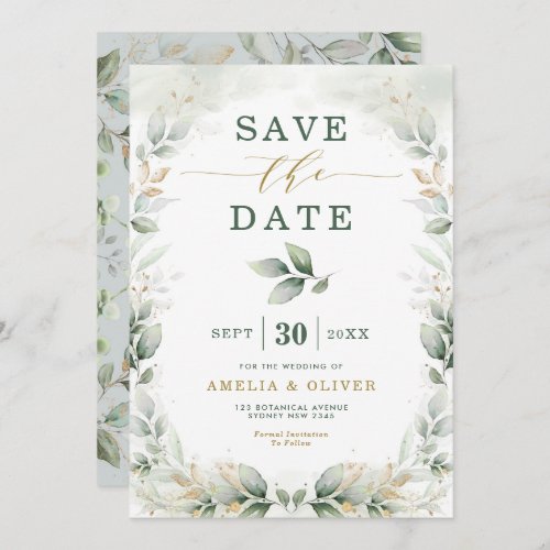 Dreamy Greenery Gold Eucalyptus Save the Date Invitation