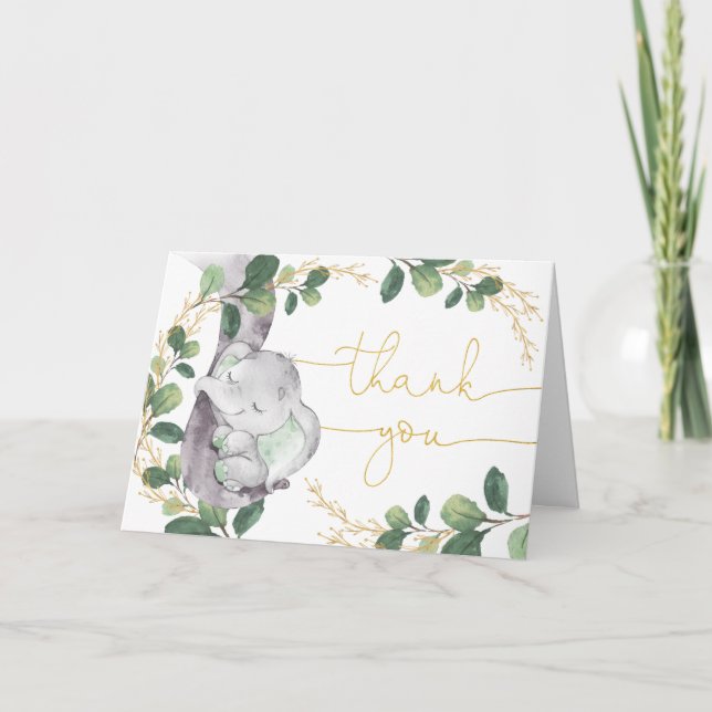 Dreamy Greenery Gold Sleeping Elephant Baby Shower Thank You Card (Front)
