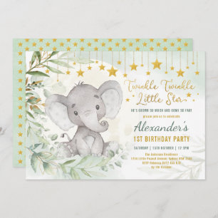 Dreamy Greenery Moon & Stars Elephant 1st Birthday Invitation