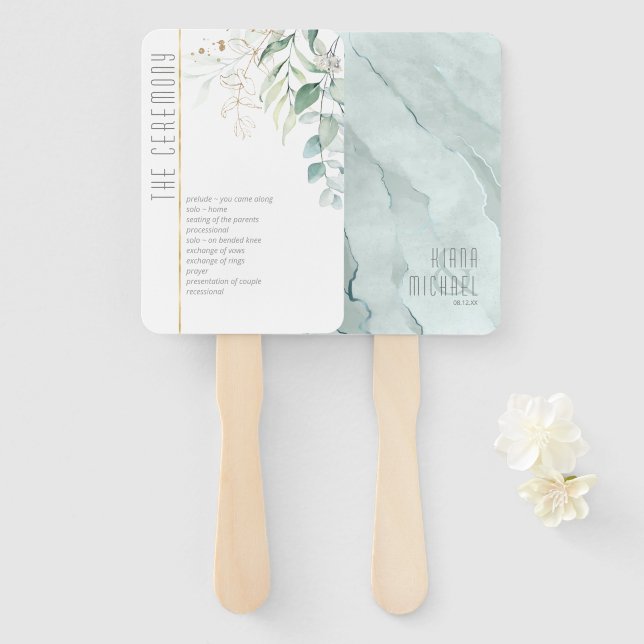 Dreamy Greenery Wedding Ceremony Green/Blue ID817 Hand Fan (Front and Back)