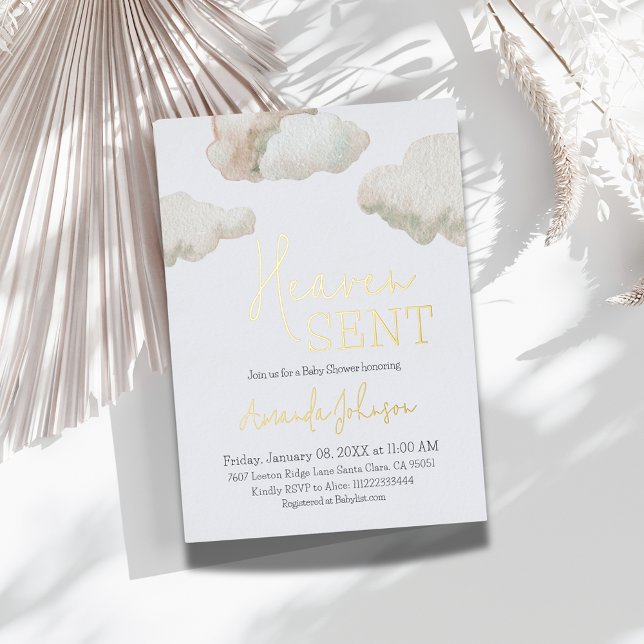 Dreamy Heaven Sent Blue Boy Baby Shower Foil Invitation (Creator Uploaded)