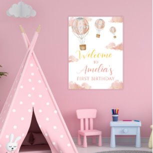 Dreamy Hot Air Balloon Girl First Birthday Welcome Poster