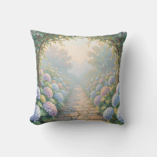 Dreamy Hydrangea Garden Arch Stone Path Cottage Throw Pillow