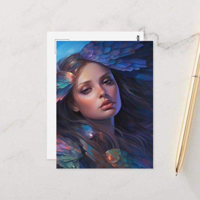 Dreamy Indigo Blue Butterfly Wings Fantasy Woman Postcard (Front/Back In Situ)