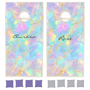 Dreamy Iridescent Opal Marble Shimmering Gold Foil Cornhole Set