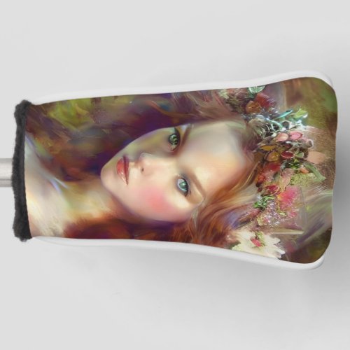 Dreamy kitschy Maiden with Flower Wreath AI Art Golf Head Cover