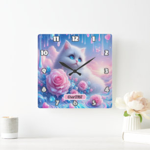 Dreamy Kitten: Pink Roses, Blue Eyes Square Wall Clock
