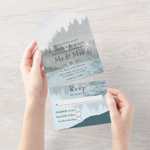 Dreamy Lakeside Woodland Forest Wedding All In One Invitation