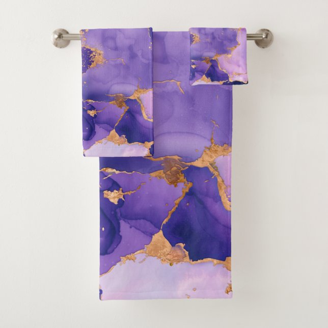 Dreamy Lavender alcohol inks and gold Bath Towel Set (Insitu)