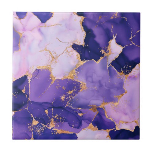 Dreamy Lavender alcohol inks and gold Ceramic Tile