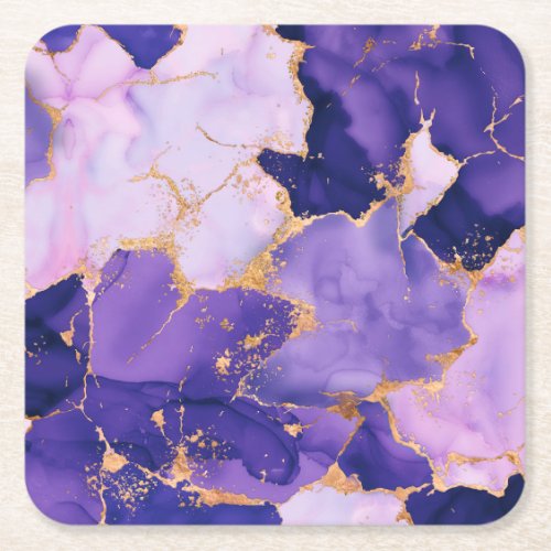 Dreamy Lavender alcohol inks and gold Square Paper Coaster