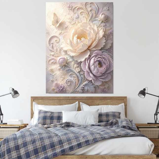 Dreamy Lavender Embossed Floral Pattern Art Canvas Print (Insitu(Bedroom))