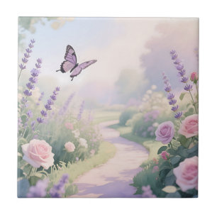 Dreamy Lavender Rose Garden Butterfly Path Ceramic Tile