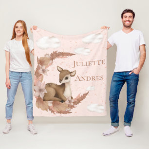 Dreamy little Bambi & Clouds Flowers Baby Nursery Fleece Blanket