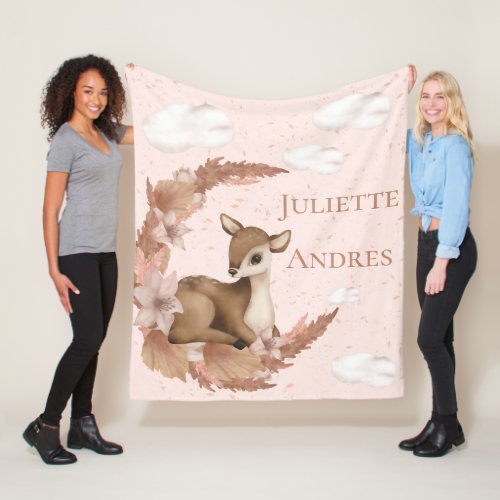 Dreamy little Bambi  Clouds Flowers Baby Nursery Fleece Blanket