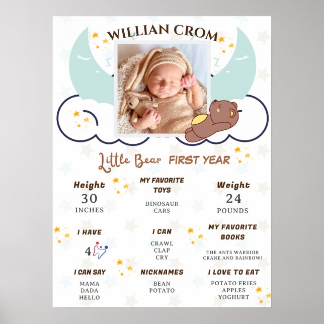 Dreamy Little Bear 1st Year Birthday Milestone Poster (Front)