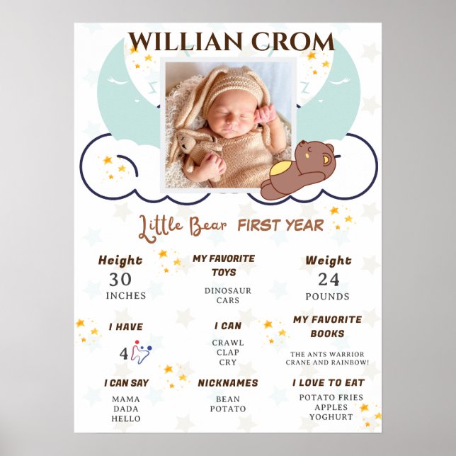 Dreamy Little Bear 1st Year Birthday Milestone Poster (Front)