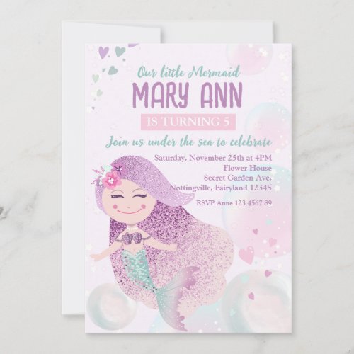 Dreamy Little Mermaid Princess Birthday Invitation
