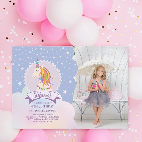 Dreamy Magical Rainbow Unicorn Girl Birthday Photo Invitation