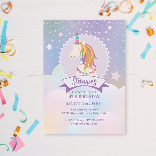 Dreamy Magical Rainbow Unicorn Kids Birthday Invitation