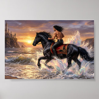 Dreamy Man on Horseback on the Beach at sunset Poster