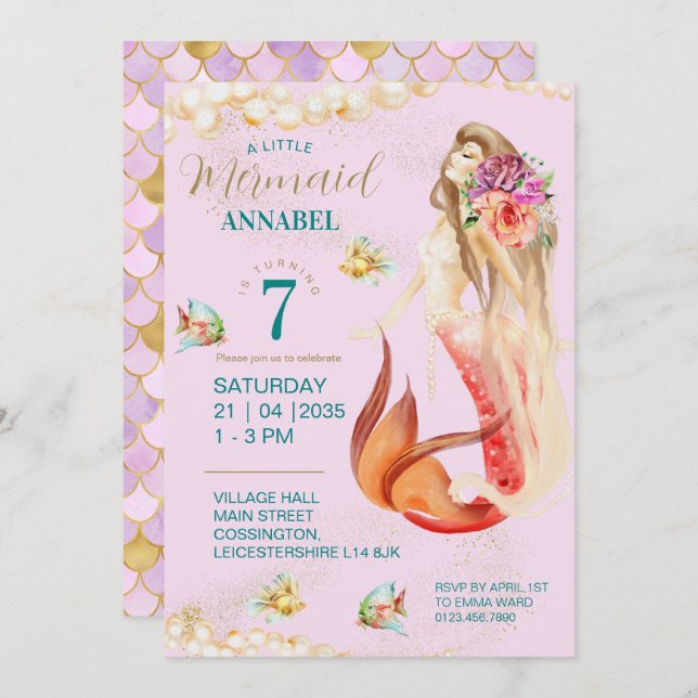 Dreamy Mermaid Birthday Party Invitation (Front/Back)